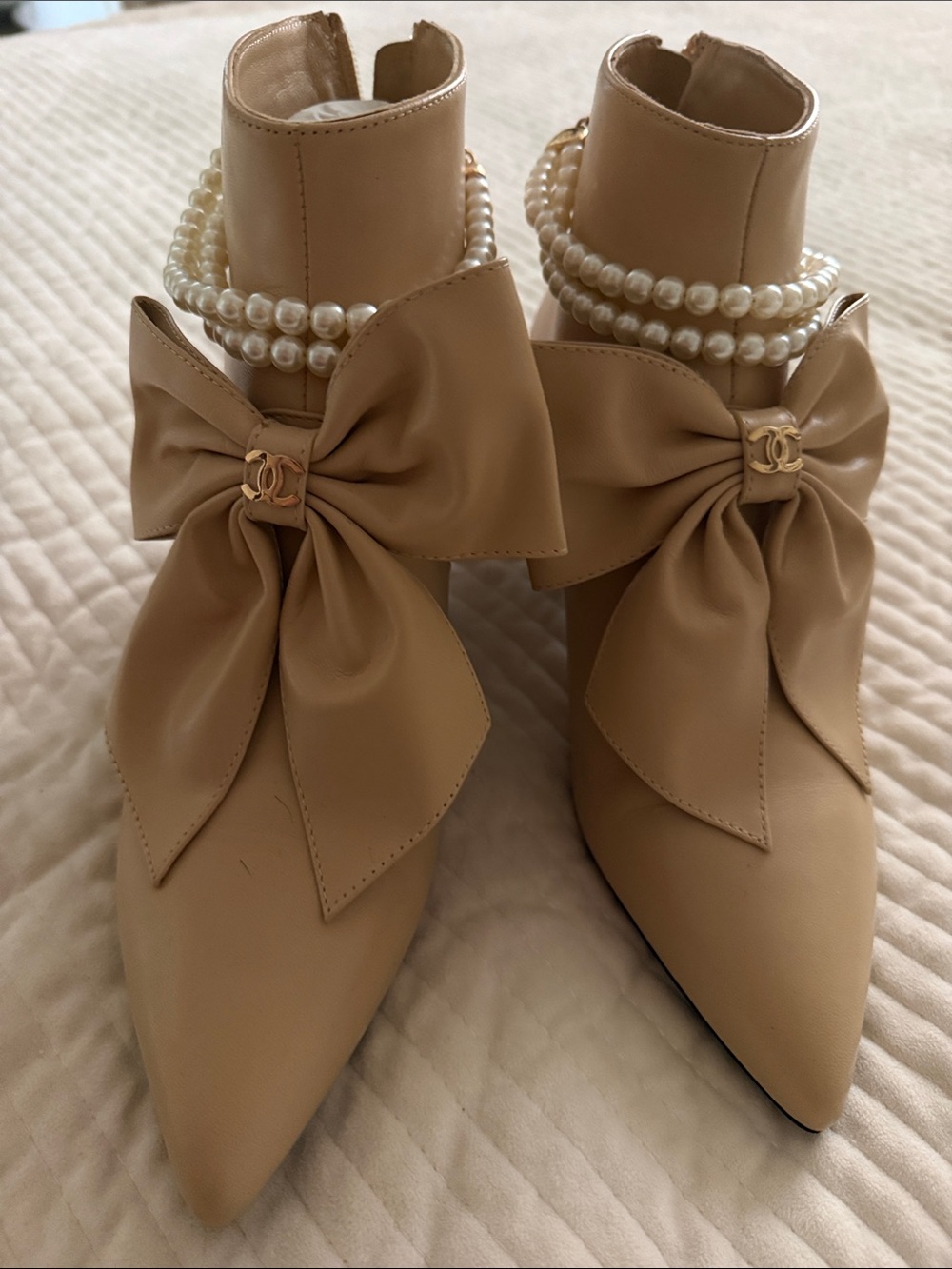 Beige Bow Ankle Boots with Pearl Wrap